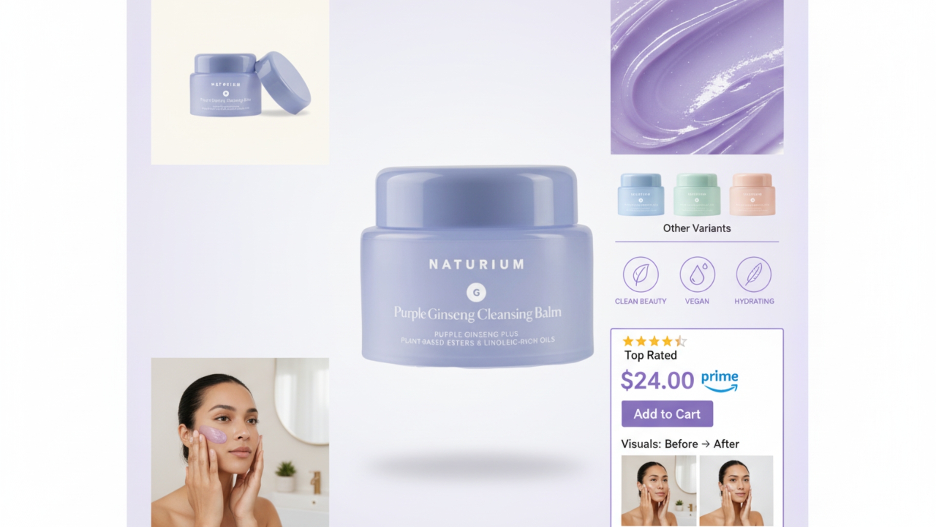 Examples of marketplace-ready product images including white background, lifestyle, variant, and detail shots